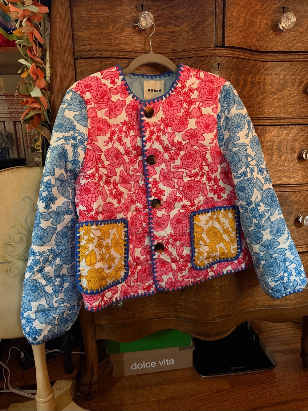 Boden Pink & Blue Floral Quilted Jacket